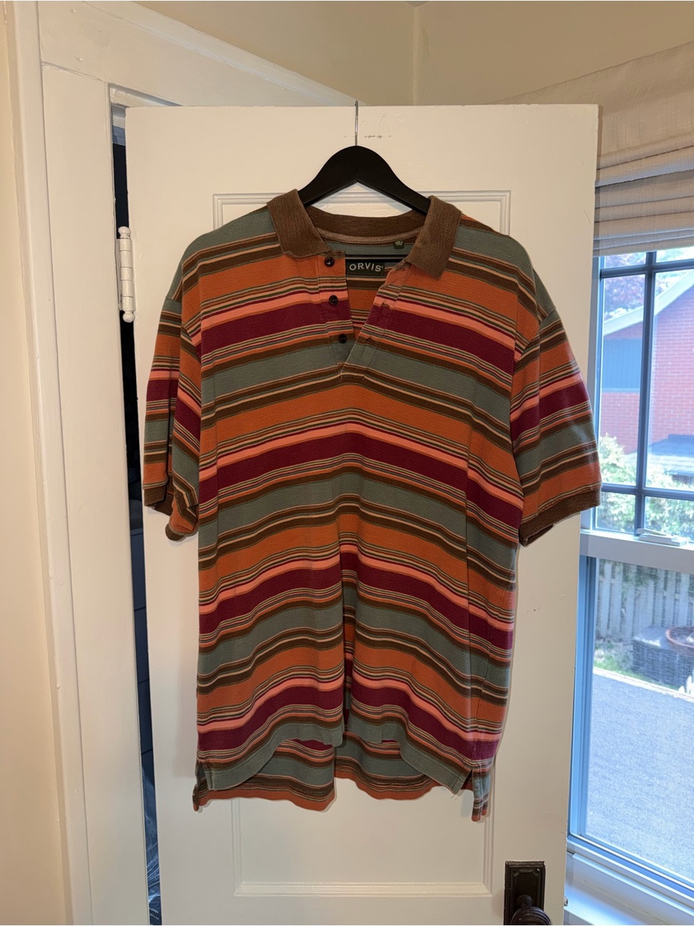 Orvis Men's Multistripe Polo in Brown, Green, and Burgundy